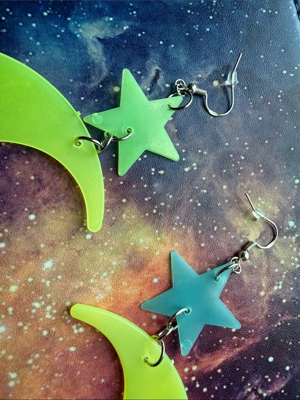 Handmade Glow in the Dark Neon Green Crescent Moon & Star Earrings OOAK y2k 90s - Picture 3 of 3